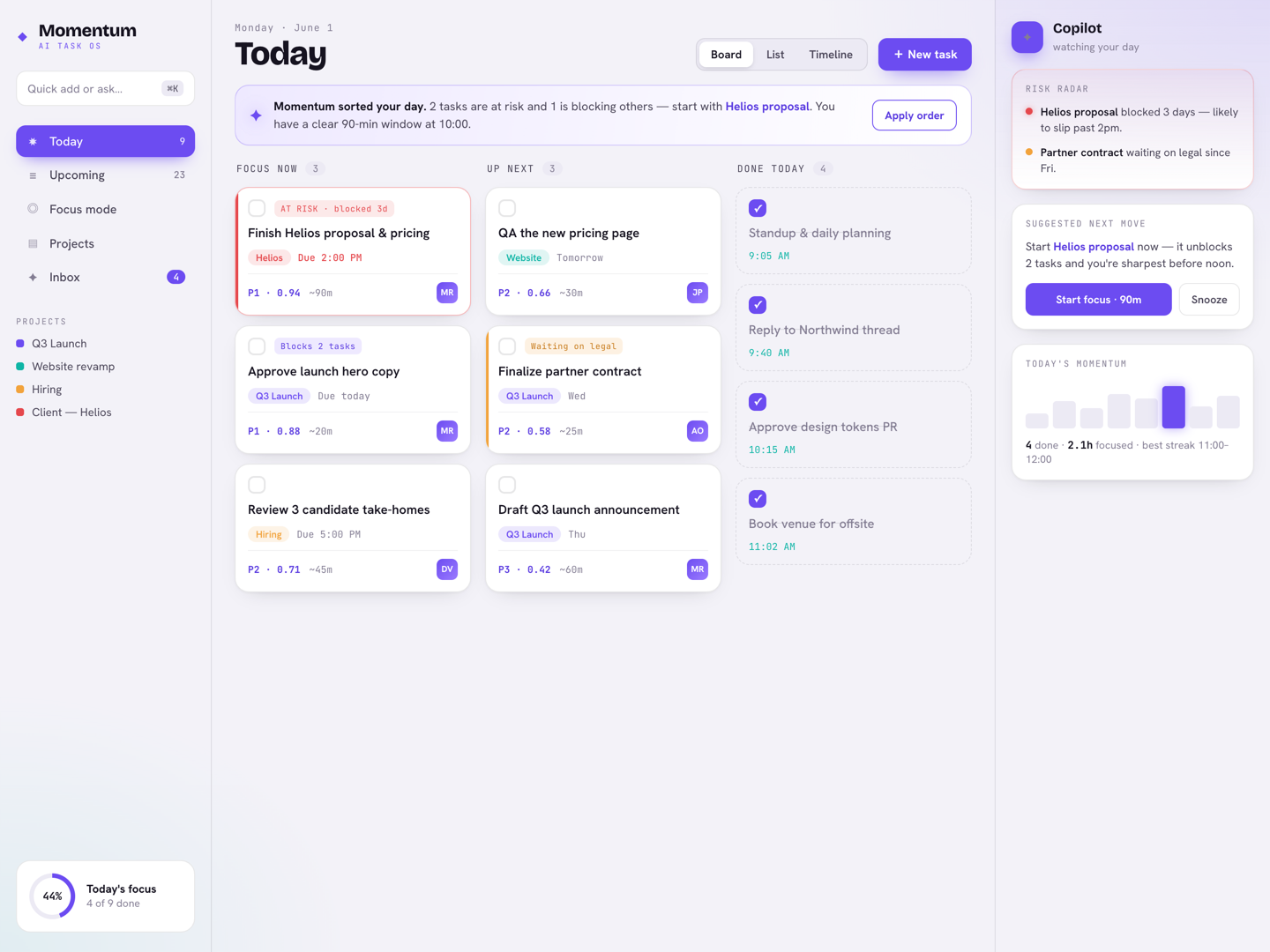 Momentum — an AI task OS that prioritizes your day, flags at-risk work, and suggests the next move